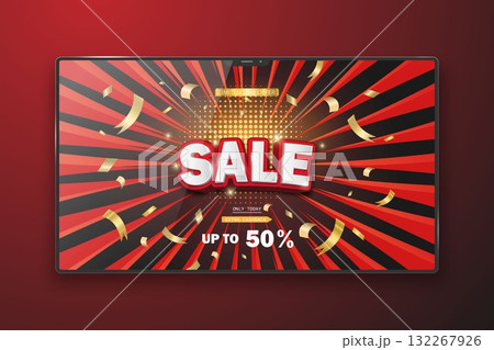 A discount sale banner on a mock-up monitor screen on a black and red background. 132267926