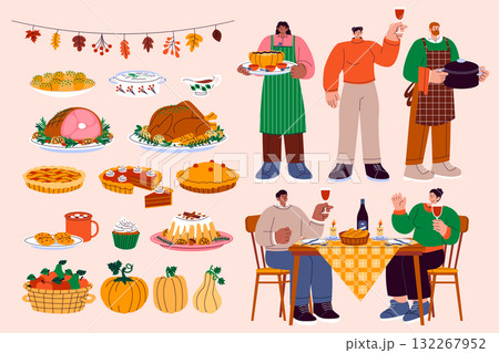 Thanksgiving food and family gathering composition in hand-drawn flat cartoon style 132267952