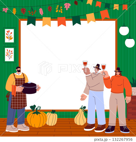 Thanksgiving banner frame with space for text and festive characters in hand-drawn flat cartoon style 132267956