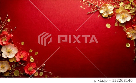 梅の花と金箔があしらわれた赤と金の手漉き和紙のテクスチャ 132268140