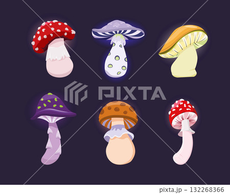 Poisonous mushrooms cartoon set for magic potion, fairtale forest, Halloween decor. Vector illustration Poisonous mushrooms cartoon set for magic potion, fairtale forest, Halloween decor. Vector illustration 132268366