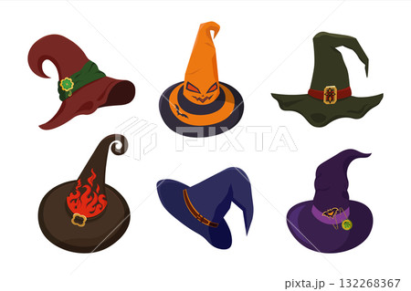 Halloween Witch hats cartoon set. Magical hats decorated buckles in different shapes and colors Halloween Witch hats cartoon set. Magical hats decorated buckles in different shapes and colors 132268367