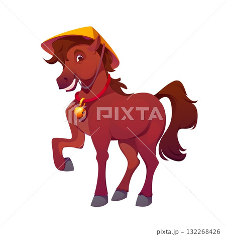 Cartoon Chinese lunar new year horse animal character. Vector brown smiling horse in traditional Asian hat and red collar with gold bell and cheerful expression. Cute zodiac holiday celebration symbol 132268426
