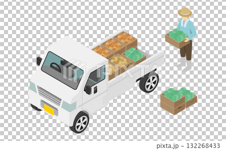 Isometric illustration: Farmer loading vegetables into a light truck Isometric illustration: Farmer loading vegetables into a light truck 132268433