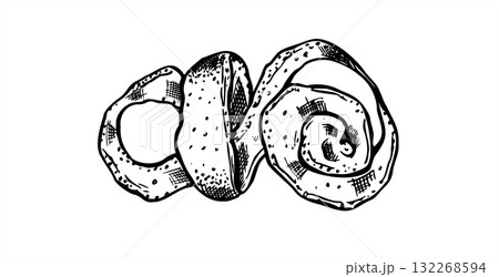 Whole spiral citrus peel vector isolated illustration painted by black inks. Lemon, lime or orange fruit skin in twist shape etching drawing. Monochrome ingredient for packaging, healthy food design Whole spiral citrus peel vector isolated illustration painted by black inks. Lemon, lime or orange fruit skin in twist shape etching drawing. Monochrome ingredient for packaging, healthy food design 132268594