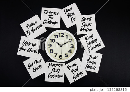 Alarm Clock Surrounded with Message about Self Development Concept 132268816