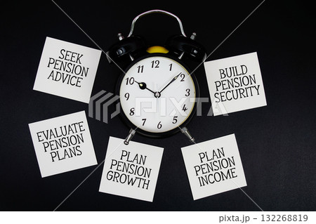 Alarm Clock Surrounded with Message about Pension Management Concept Alarm Clock Surrounded with Message about Pension Management Concept 132268819