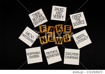 Fake News and Tips for Prevention written on sticky note on black background Fake News and Tips for Prevention written on sticky note on black background 132268825