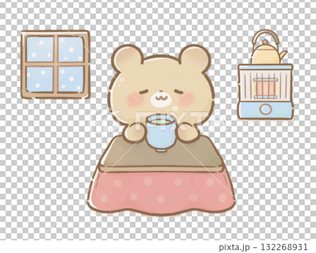 Illustration of a bear drinking tea in a kotatsu and spending relaxing time at home / Showa style / Heisei style Illustration of a bear drinking tea in a kotatsu and spending relaxing time at home / Showa style / Heisei style 132268931