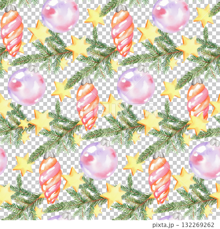 Seamless pattern of christmas tree banches, toys and stars. For fabric, wallpaper, packing paper, greeting cards, design, decoration and illustration. 132269262