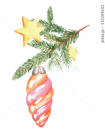 Christmas tree toy hanging on a fir tree branch and stars. For fabric, wallpaper, packing paper, greeting cards, design, decoration and illustration. 132269282
