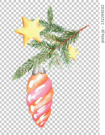 Christmas tree toy hanging on a fir tree branch and stars. For fabric, wallpaper, packing paper, greeting cards, design, decoration and illustration. Christmas tree toy hanging on a fir tree branch and stars. For fabric, wallpaper, packing paper, greeting cards, design, decoration and illustration. 132269282