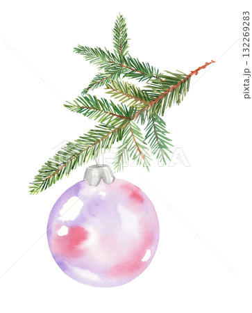 Christmas tree toy hanging on a fir tree branch. For fabric, wallpaper, packing paper, greeting cards, design, decoration and illustration. 132269283