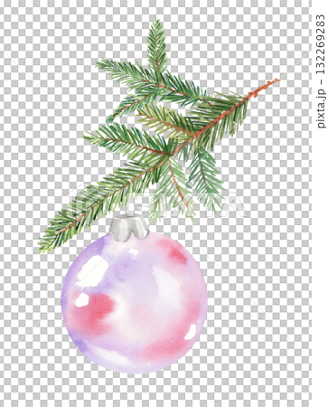 Christmas tree toy hanging on a fir tree branch. For fabric, wallpaper, packing paper, greeting cards, design, decoration and illustration. 132269283