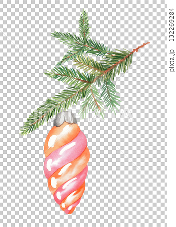 Christmas tree toy hanging on a fir tree branch. For fabric, wallpaper, packing paper, greeting cards, design, decoration and illustration. Christmas tree toy hanging on a fir tree branch. For fabric, wallpaper, packing paper, greeting cards, design, decoration and illustration. 132269284