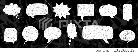 Hand drawn doodle chalk speech bubbles graphics, crayon text box shapes on chalkboard background 132269315