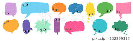 Colorful doodle speech bubbles with cute faces with expressions, empty text box balloon shapes set for kids graphic design Colorful doodle speech bubbles with cute faces with expressions, empty text box balloon shapes set for kids graphic design 132269316