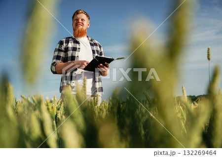 Process of quality control, with digital tablet. Man in white shirt is on the agricultural field Process of quality control, with digital tablet. Man in white shirt is on the agricultural field 132269464