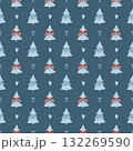Seamless winter pattern with a cute Christmas tree, bows, and hearts. Festive retro vector background. Vector flat illustration with blue trees and red bows on a dark blue background. 132269590
