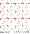 Seamless Christmas pattern with candies and red bows. Background with traditional winter sweets on a white background. Lollipops, caramels, candy canes, and hearts. Simple vector flat illustration. 132269591