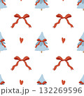 Seamless winter pattern with a cute Christmas tree, bows, and hearts. Festive retro vector background. Vector flat illustration with blue trees and red bows on a white background. 132269596