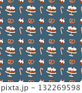 Seamless Christmas pattern with sweets. Background with traditional winter sweets on a dark blue background. Lollipops, caramels, candy canes, cakes, and bagels. Simple flat vector illustration. 132269598