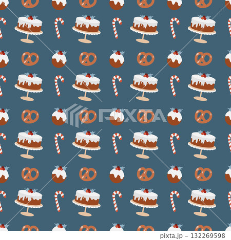 Seamless Christmas pattern with sweets. Background with traditional winter sweets on a dark blue background. Lollipops, caramels, candy canes, cakes, and bagels. Simple flat vector illustration. 132269598