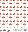 Seamless Christmas pattern with sweets. Background with traditional winter sweets on a white background. Lollipops, caramels, candy canes, cakes, and bagels. Simple flat vector illustration. 132269601