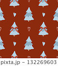 Seamless winter pattern with a cute Christmas tree, bows, and hearts. Festive retro vector background. Vector flat illustration with blue trees and red bows on a red background. 132269603