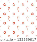 Seamless Christmas pattern with candies. Background with traditional winter sweets on a white background. Lollipops, round caramels, and candy canes. Simple flat vector illustration. 132269617