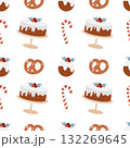 Seamless Christmas pattern with sweets. Background with traditional winter sweets on a white background. Lollipops, caramels, candy canes, cakes, and bagels. Simple flat vector illustration. 132269645