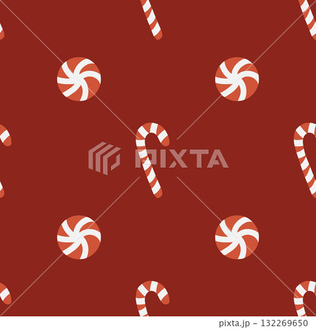 Seamless Christmas pattern with candies. Background with traditional winter sweets on a red background. Lollipops, caramels, and candy canes. Simple flat vector illustration. Seamless Christmas pattern with candies. Background with traditional winter sweets on a red background. Lollipops, caramels, and candy canes. Simple flat vector illustration. 132269650