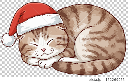 Cute Scottish Fold cat in a Santa hat sleeping peacefully, dreaming of Christmas Cute Scottish Fold cat in a Santa hat sleeping peacefully, dreaming of Christmas 132269933