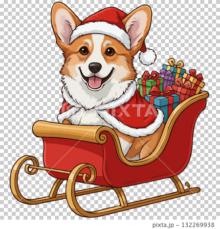 Happy Corgi dog in a Santa costume riding a sleigh full of Christmas gifts 132269938