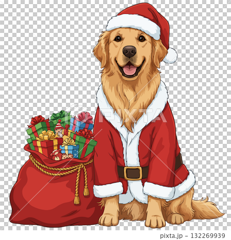 Happy Golden Retriever dog in a Santa Claus costume with a bag of Christmas gifts 132269939