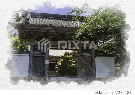 水彩画風　鹿野　光輪寺　山門　鳥取県鳥取市 132270183