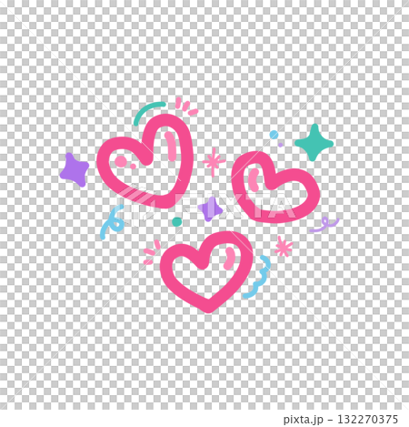 Pink hearts with sparkles and doodles create playful and cheerful design. vibrant colors and whimsical elements add sense of joy and fun 132270375