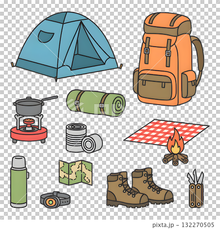 Camping adventure set. Hiking and outdoor recreation collection. Tent, gas stove, sleeping bag, picnic blanket, backpack, canned food, campfire and other travel elements. illustration design. 132270505