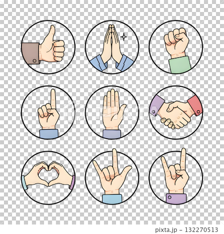 Hand gestures, poses set. Showing peace, victory, ok, thumb up and praying signs. Fist, pointing finger, palm, love heart, rock and handshake. illustration design. 132270513