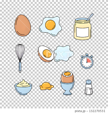 Food stickers set. Raw, cooked, soft boiled eggs collection. Yolk, egg white, homemade mayonnaise and other cooking elements. Modern cartoon concept. illustration design. 132270531