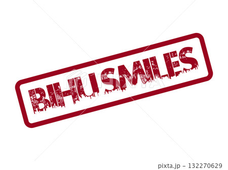 Grunge style red rectangular stamp with distressed BIHUSMILES text for happy branding 132270629
