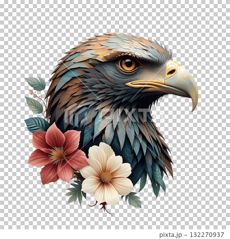 Majestic geometric eagle portrait with a textured, tiled feather pattern, framed by delicate flowers and deep green foliage. 132270937