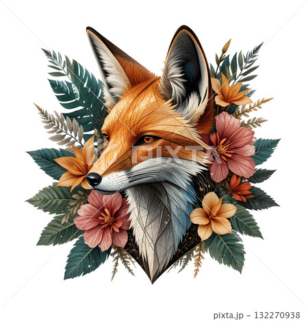 Elegant geometric fox portrait with a low-poly, textured fur pattern, nestled in a sophisticated bouquet of flowers and leaves. Elegant geometric fox portrait with a low-poly, textured fur pattern, nestled in a sophisticated bouquet of flowers and leaves. 132270938
