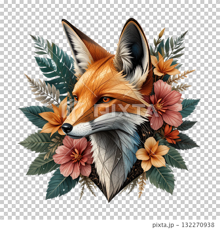 Elegant geometric fox portrait with a low-poly, textured fur pattern, nestled in a sophisticated bouquet of flowers and leaves. Elegant geometric fox portrait with a low-poly, textured fur pattern, nestled in a sophisticated bouquet of flowers and leaves. 132270938