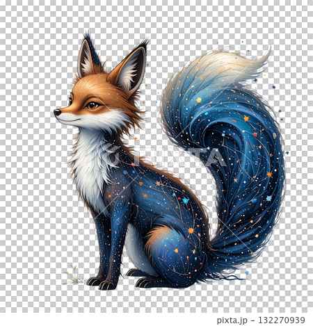 Magical fox with a constellation coat and starry, cosmic tail, featuring dark blue fur speckled with bright gold stars and stardust. 132270939