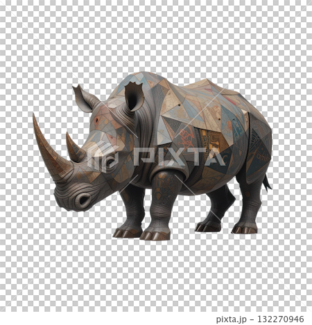 Full body geometric rhino with a low-poly, patchwork pattern of tiled textures and muted colors, standing in a majestic pose. 132270946