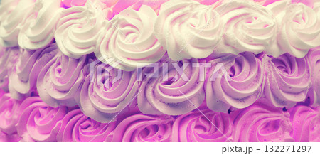 Festive Ombre pink rose cream cake. Abstract food background. Horizontal banner 132271297