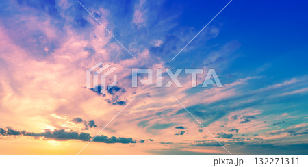 Colorful cloudy sky at sunset. Gradient color. Sky texture. Abstract nature background. Horizontal banner 132271311