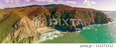 Panoramic view of Cabo da Roca. Rocky seascape. Assentiz Beach. Region of Cape Roca, Atlantic Ocean, Portugal. Horizontal banner 132271312