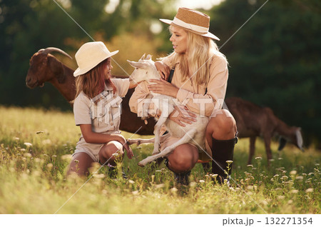 On the ground. Mother and daughter are together on the farm with goats 132271354
